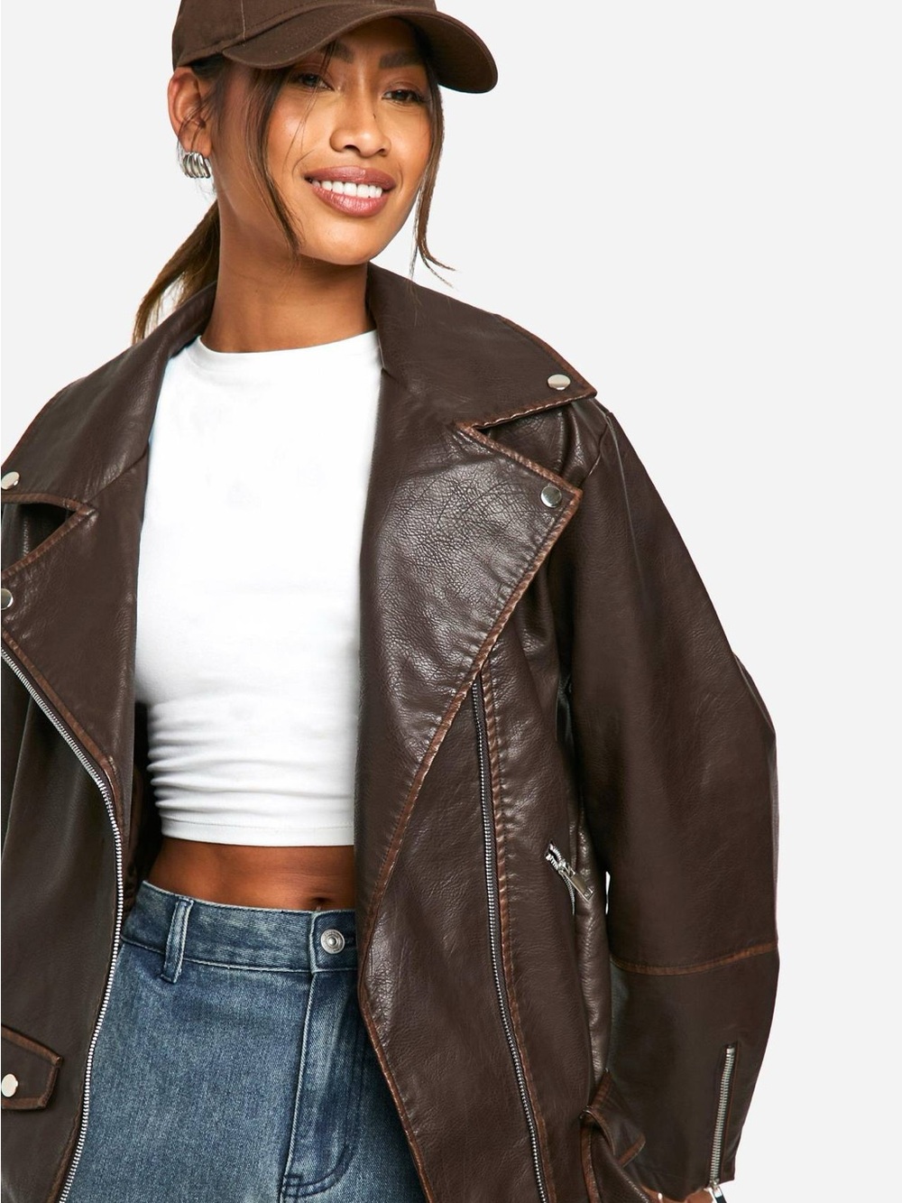 Boohoo Chocolate Brown Faux Leather Biker Jacket